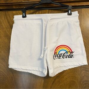 NWOT Coca-Cola White Rainbow Sequin Small Shorts Sparkly Coke Pocket Drawstring
